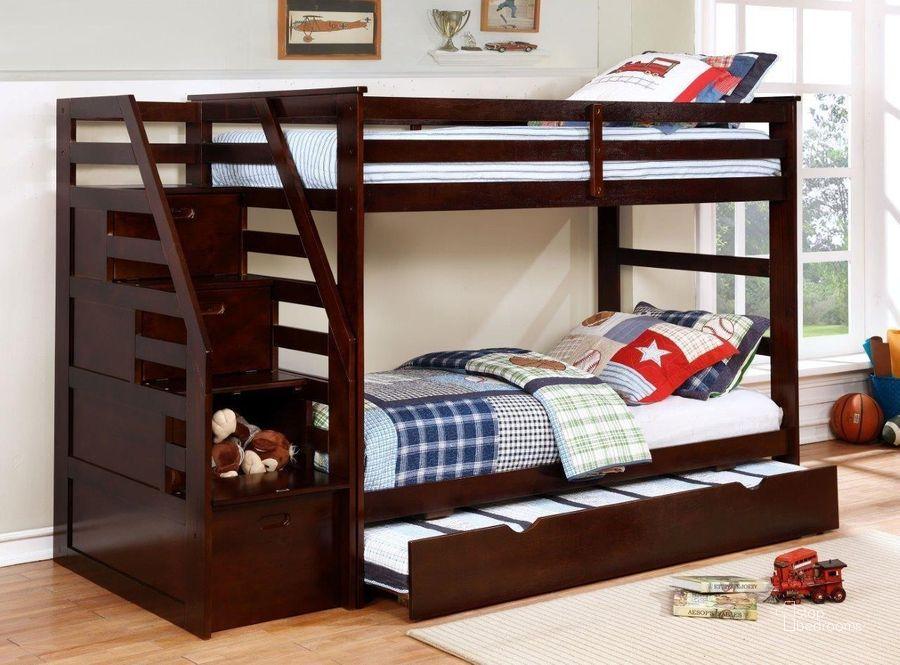 Twin over twin brown bunk with stairs and trundle unit